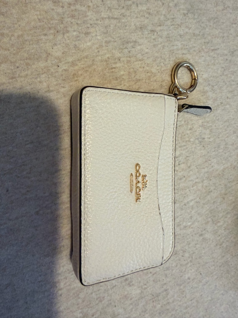Coach Cream Pebbled Leather Zip Card Case with Gold Keyring